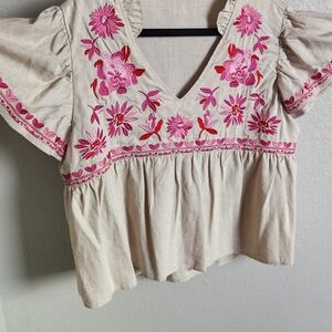 Embroidered Floral Beige Top